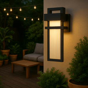 Outdoor wall light fixture on a house exterior with patio and plants in the background