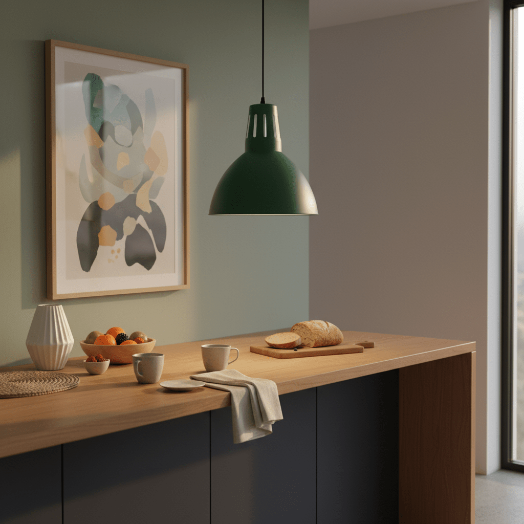 Green steel pendant light hanging above a wooden countertop with fruit, cups, and bread.