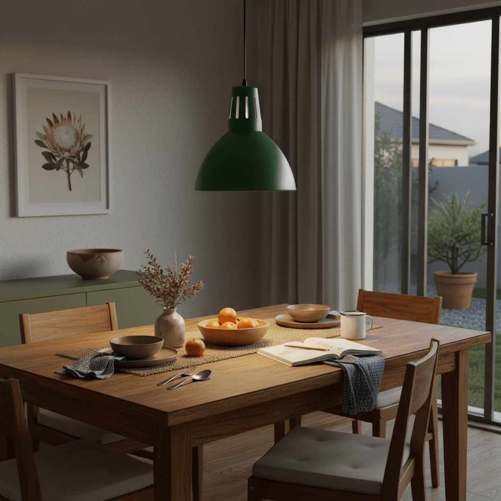 Dining room with green metal pendant 