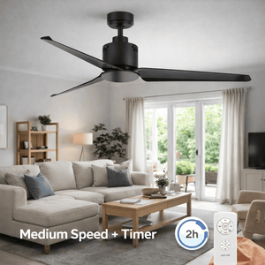 Modern matt black ceiling fan with three blades installed in a stylish living room, featuring a remote control display.