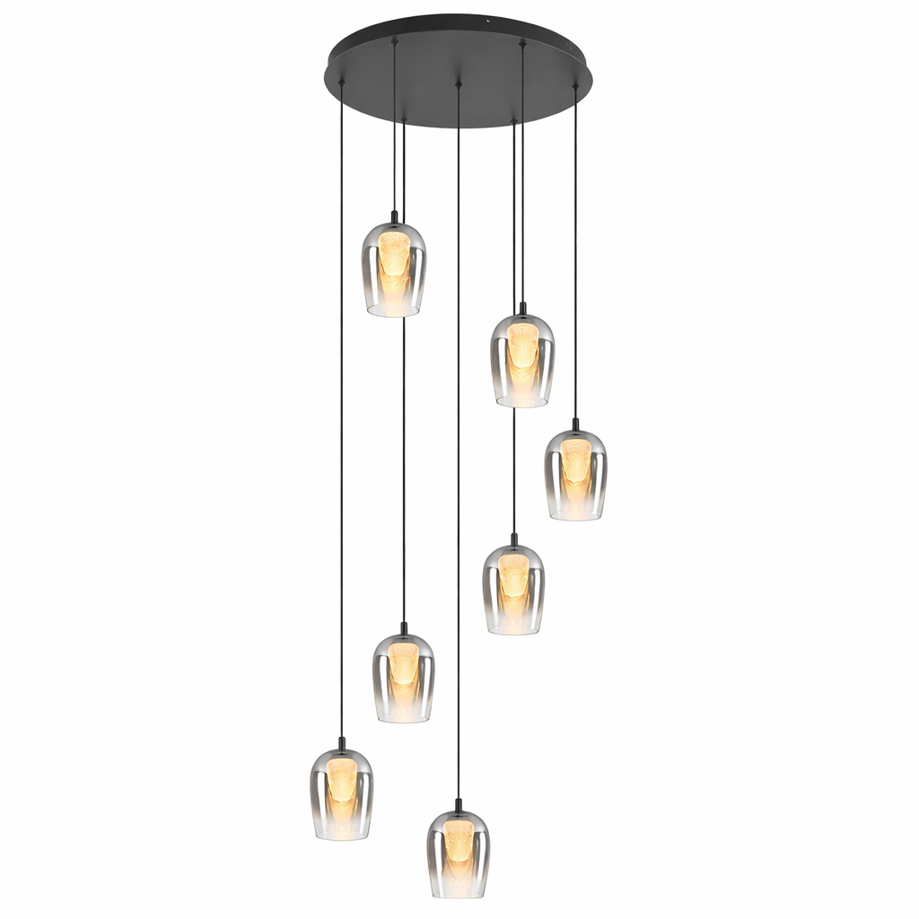 Modern pendant light with glass shades on a white background