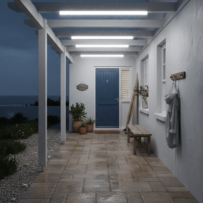 Porch area of a house with a blue door, plants, and a bench at night.