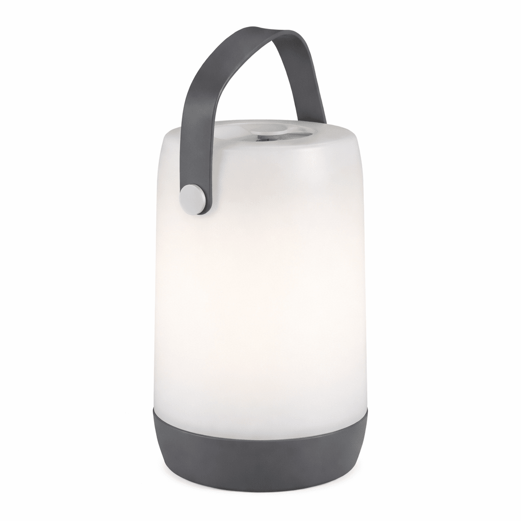 White portable lamp with gray handle and base on a white background