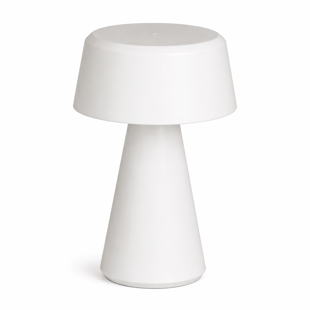 White Montego LED Rechargeable Table Lamp with a modern design, showcasing its sleek silhouette and clean lines.