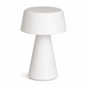 White Montego LED Rechargeable Table Lamp with a modern design, showcasing its sleek silhouette and clean lines.
