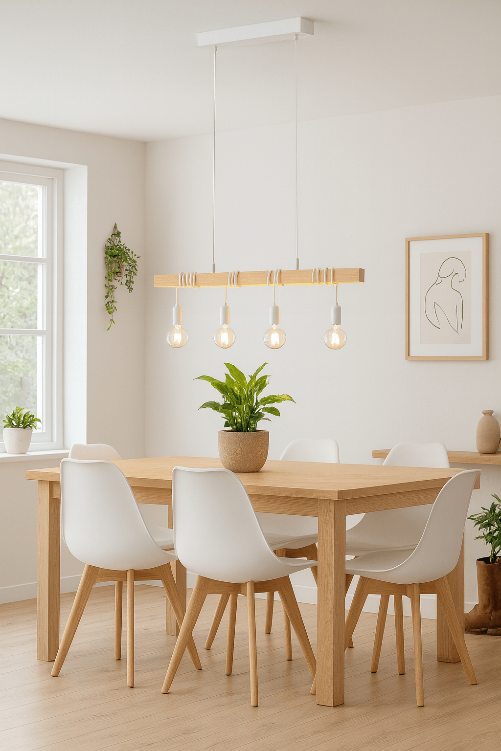 Stylish white and wood pendant light above a modern dining table with white chairs and greenery.