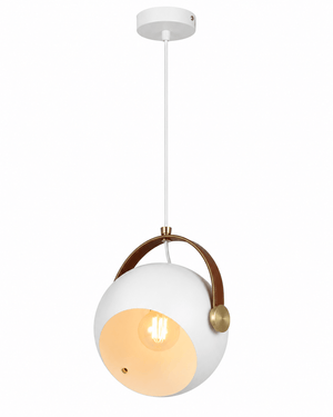 Contemporary white leather strap pendant light with a round shade and warm interior glow.