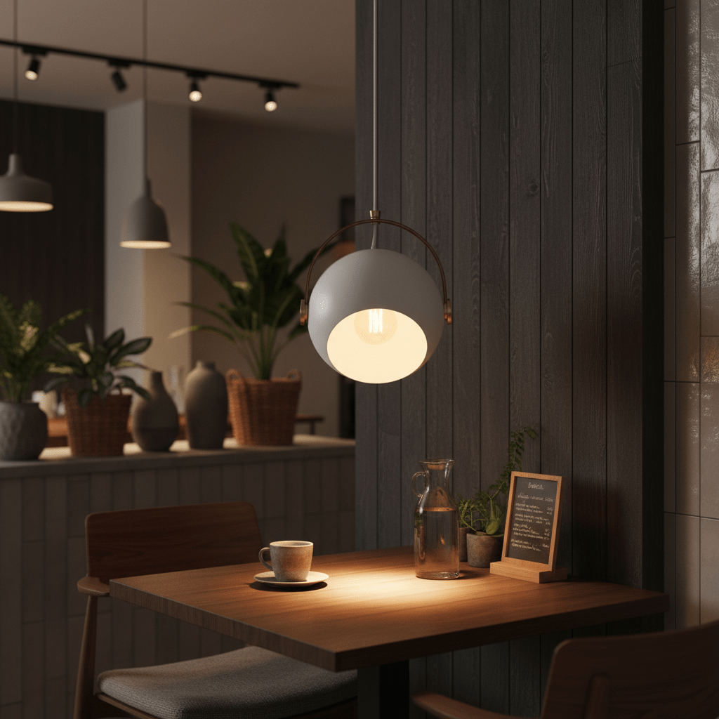 White leather strap pendant light hanging above a wooden table with a coffee cup and water pitcher.