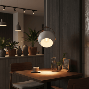 White leather strap pendant light hanging above a wooden table with a coffee cup and water pitcher.