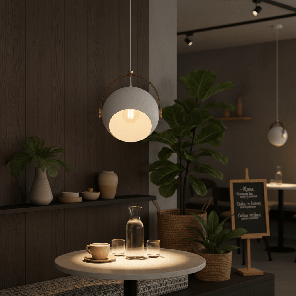 White leather strap pendant light hanging above a table with drinks and plants in a modern setting.