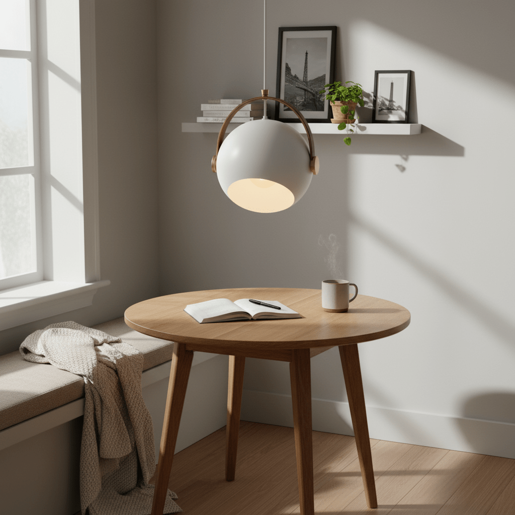 Stylish white leather strap pendant light hanging above a wooden table with a book and coffee mug.