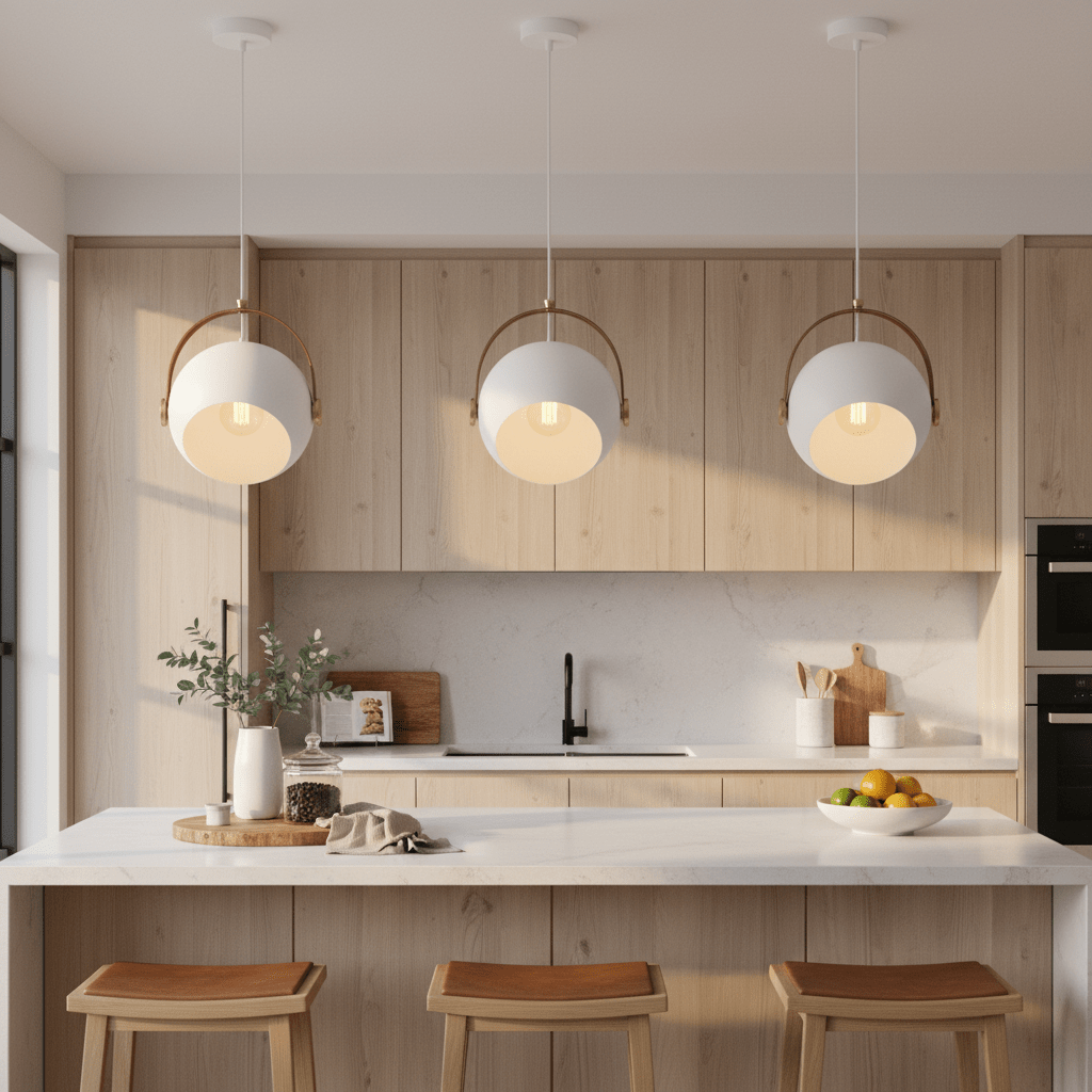 Three white leather strap pendant lights hanging above a modern kitchen island with wooden cabinets.