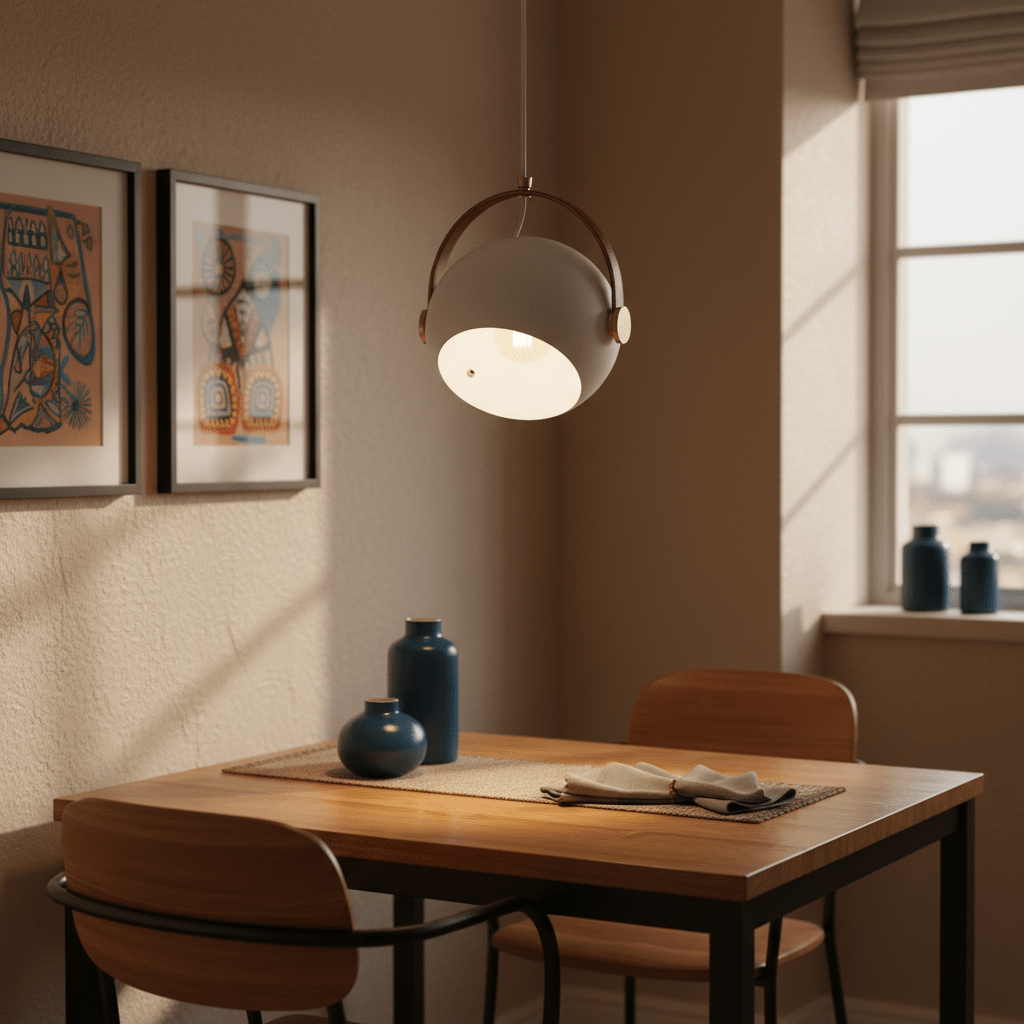 White leather strap pendant light hanging above a wooden dining table, with decorative vases and artwork in the background.