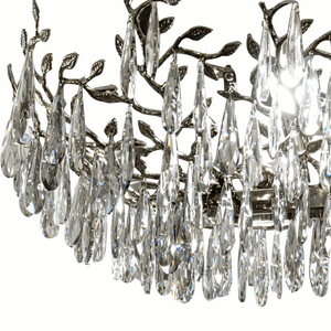 Close-up view of the Rialto chandelier showcasing smoke grey crystals and gloss black finish.