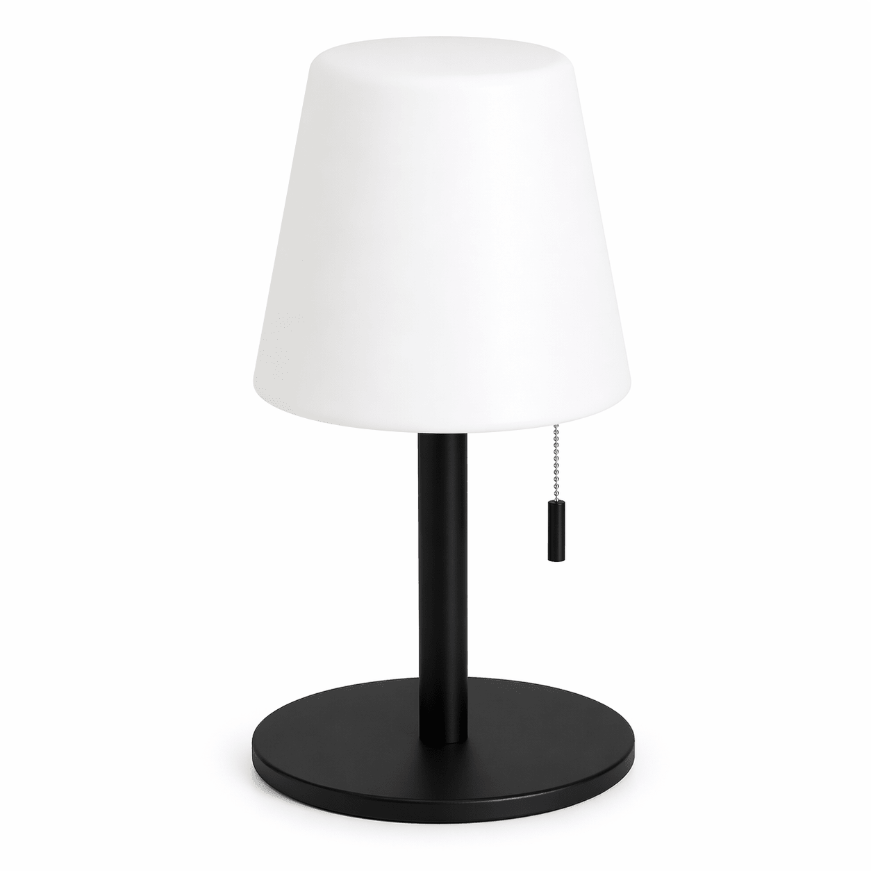 Table lamp with white shade and black base on a white background