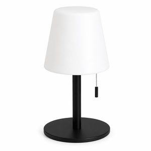 Table lamp with white shade and black base on a white background