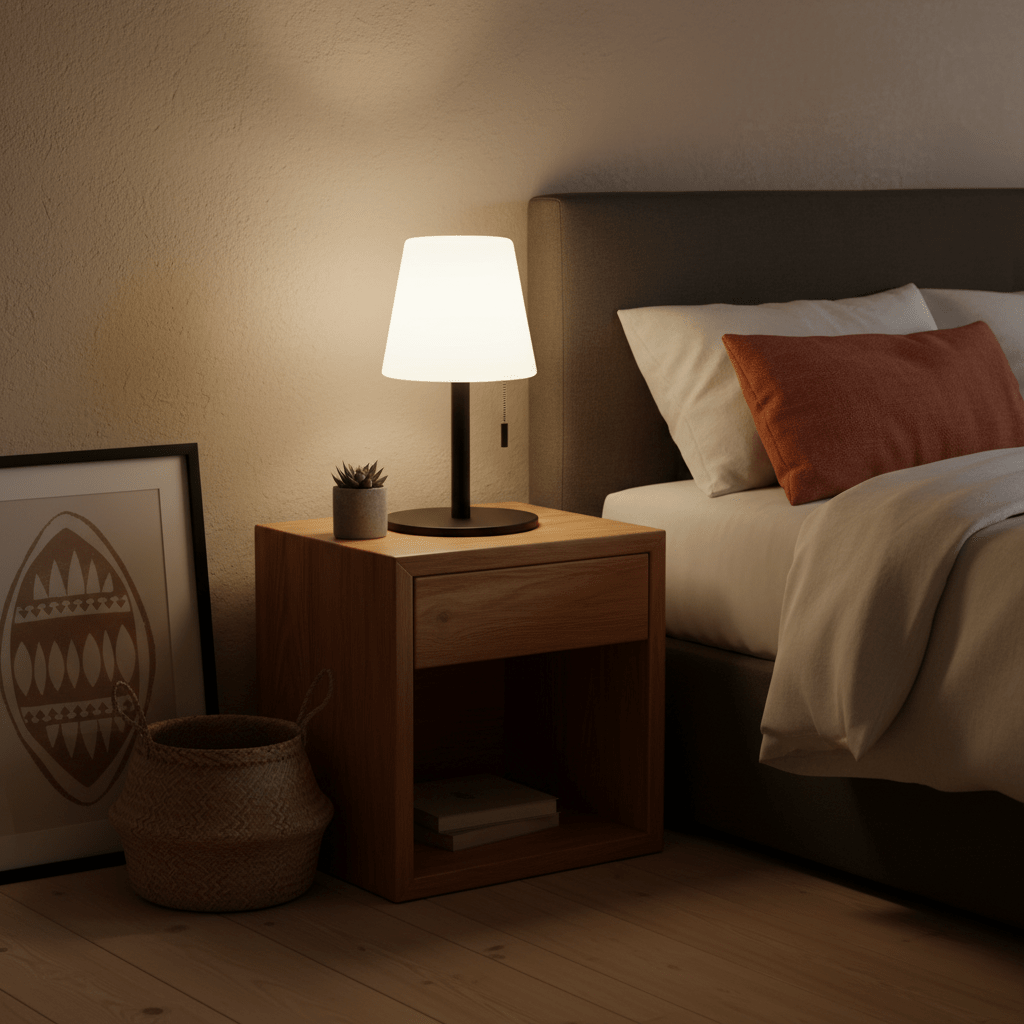 Bijoux LED Rechargeable Table Lamp on a bedside table, casting warm light in a cozy bedroom setting.