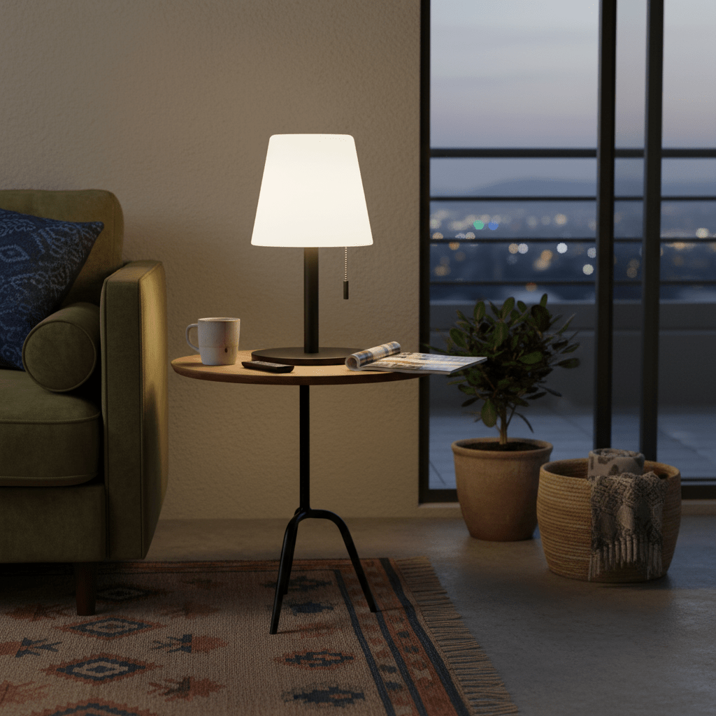 A modern rechargeable table lamp on a side table next to a green sofa, with a cup and magazines nearby.