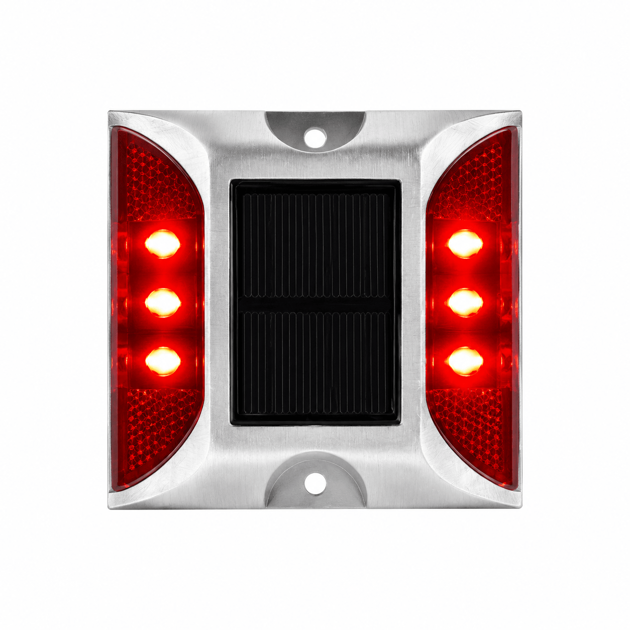 Solar road stud with red LED lights and solar panel, designed for outdoor safety and guidance.