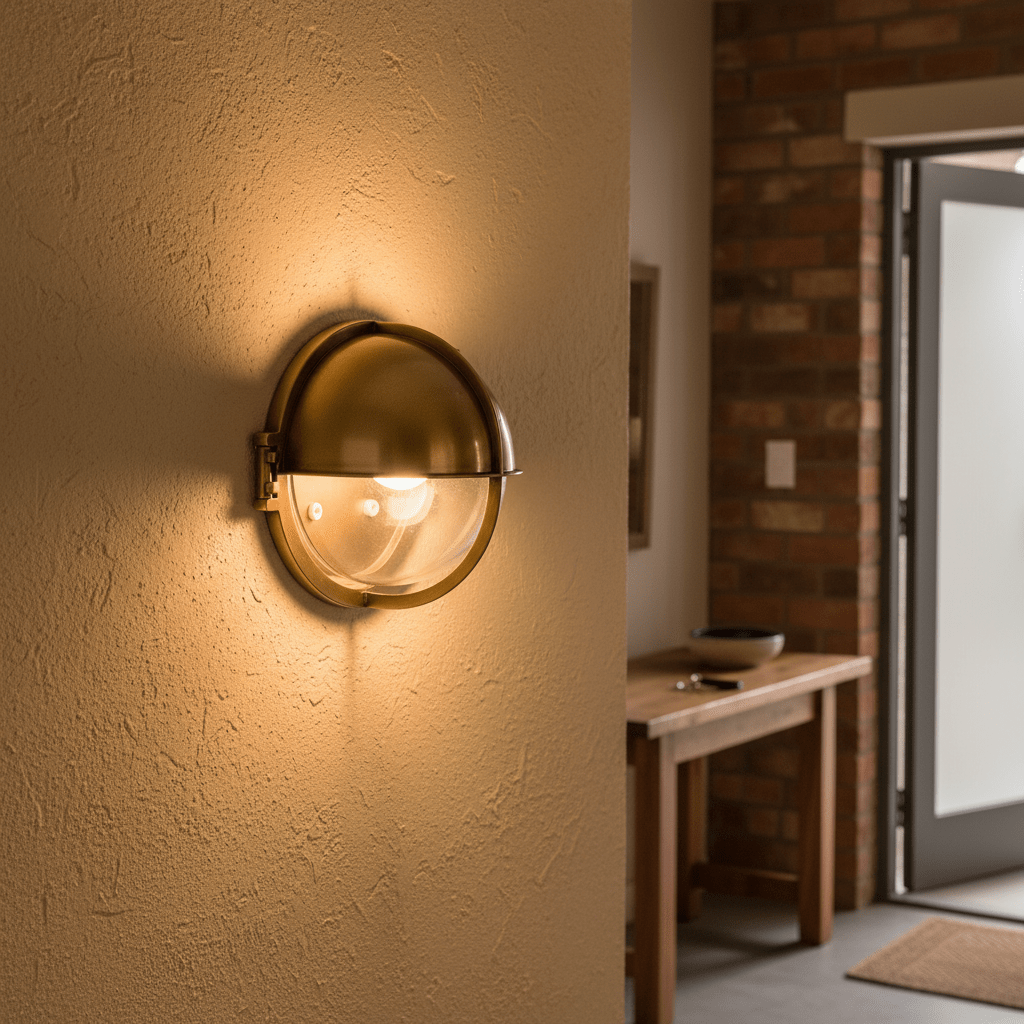 Antique brass outdoor wall light mounted on a textured wall, illuminating the space with a warm glow.