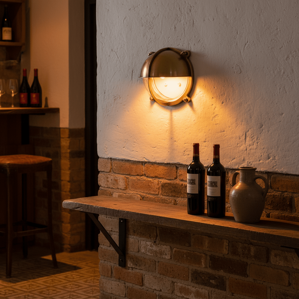 Antique brass outdoor wall light illuminating a rustic brick wall with wine bottles and a ceramic jug on a wooden shelf.
