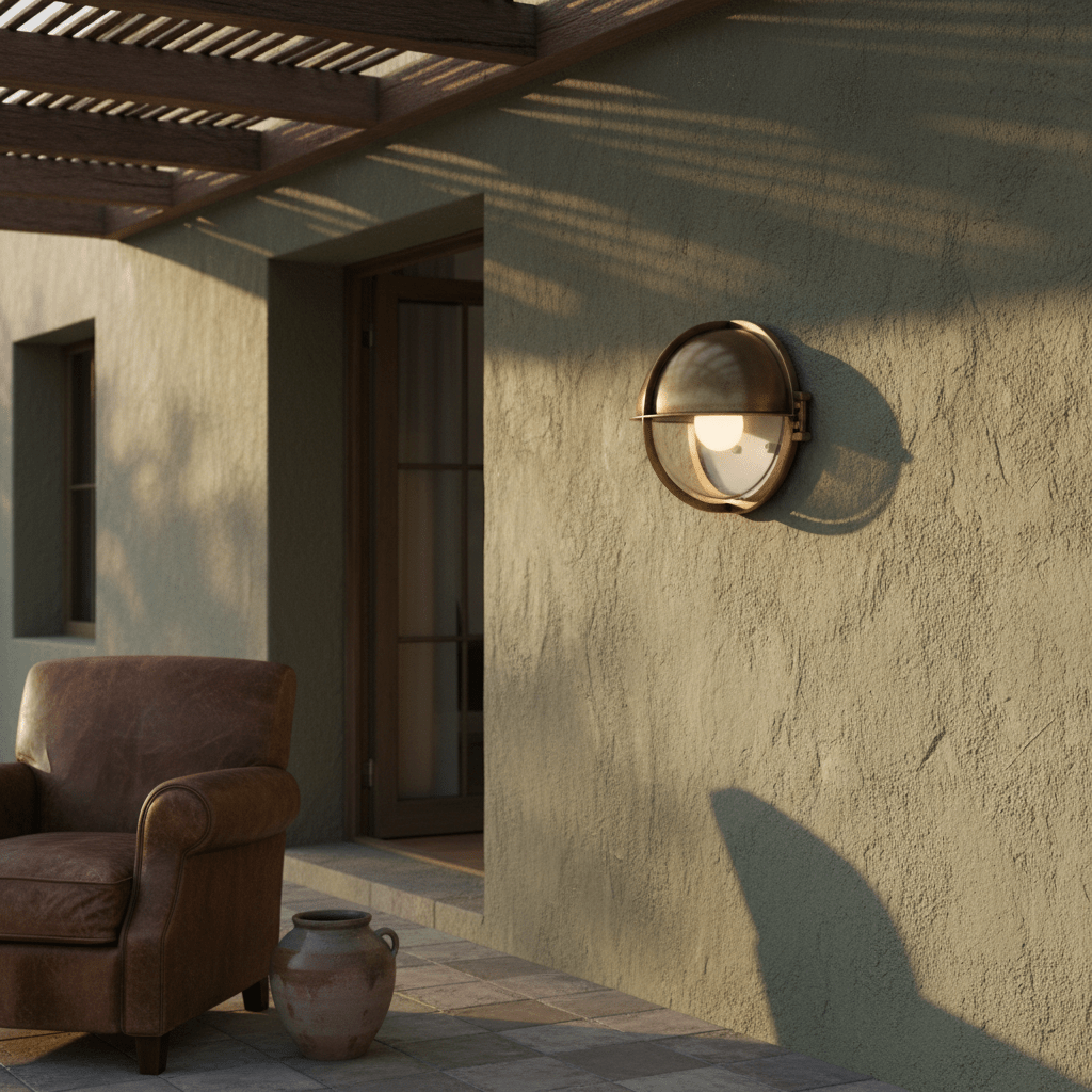 Antique brass outdoor wall light mounted on textured wall, with a cozy chair and decorative pot nearby.