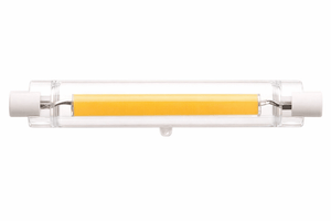 LED R7S bulb with a clear casing and yellow LED strip, designed for 360-degree light distribution.