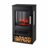 Black electric fireplace with fire simulation and wood storage on a white background