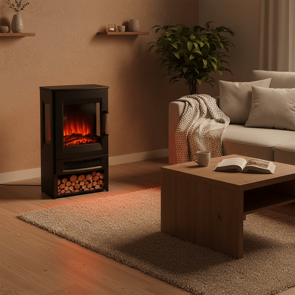 Freestanding electric fireplace heater in a cozy living room setting, with glowing flame effect and logs visible.