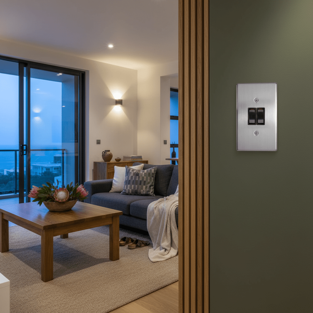Living room with a sofa, coffee table, and decorative elements.
