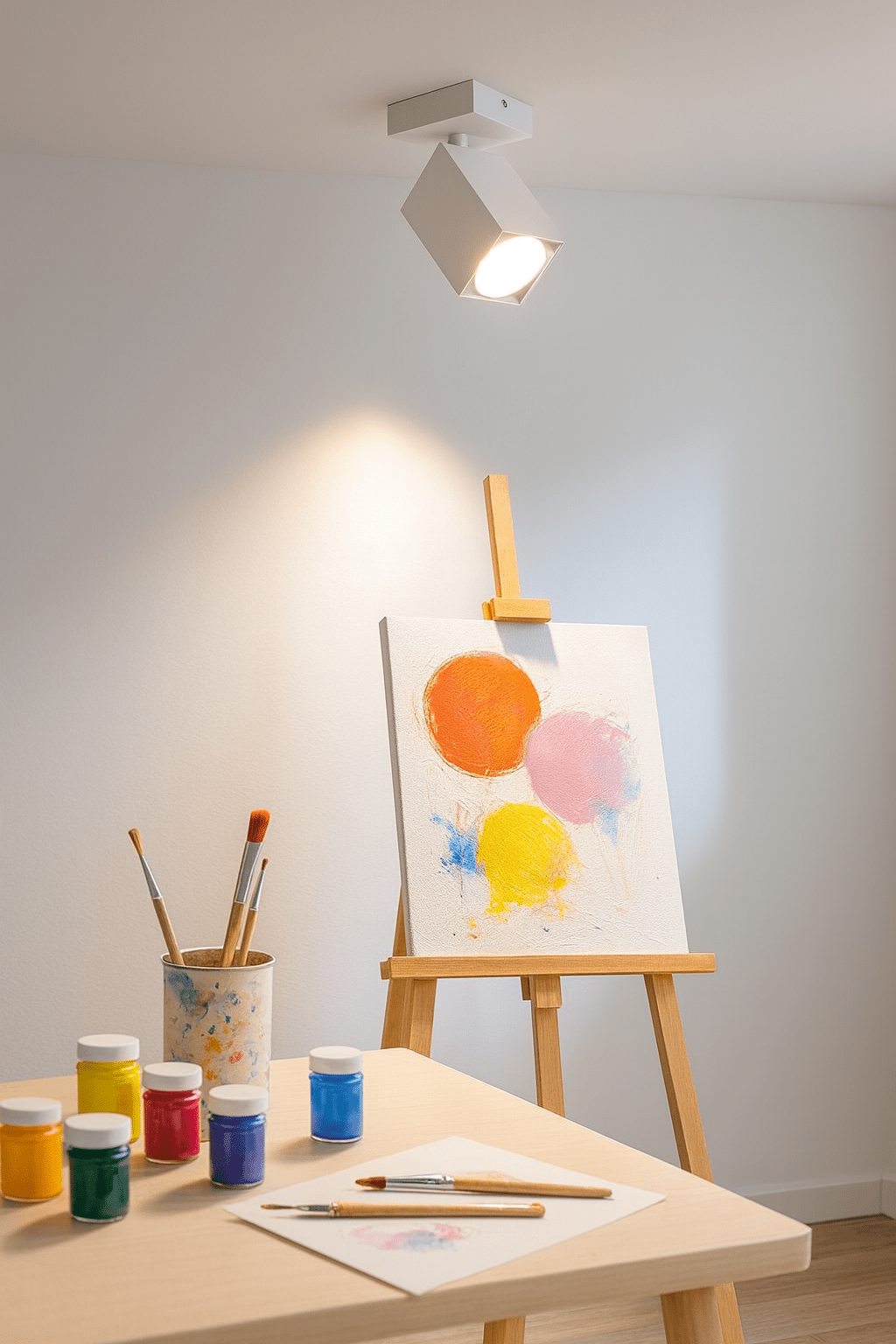Square white spotlight illuminating an easel with colorful paint circles in a bright workspace.