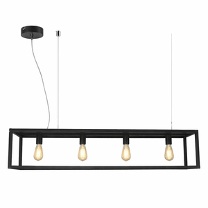 Modern black pendant light fixture with four exposed bulbs on a white background