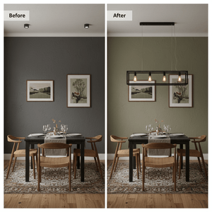 Lifestyle image showing a dining area before and after installing a matte black pendant light, enhancing the space.
