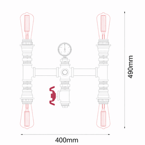 Technical diagram of an industrial pipe-style wall light with four bulbs, wall bracket, 400mm width and 490mm height.