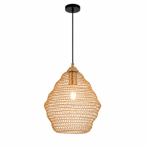 Gold wire mesh pendant light with a soft ambient glow, ideal for dining or living spaces.