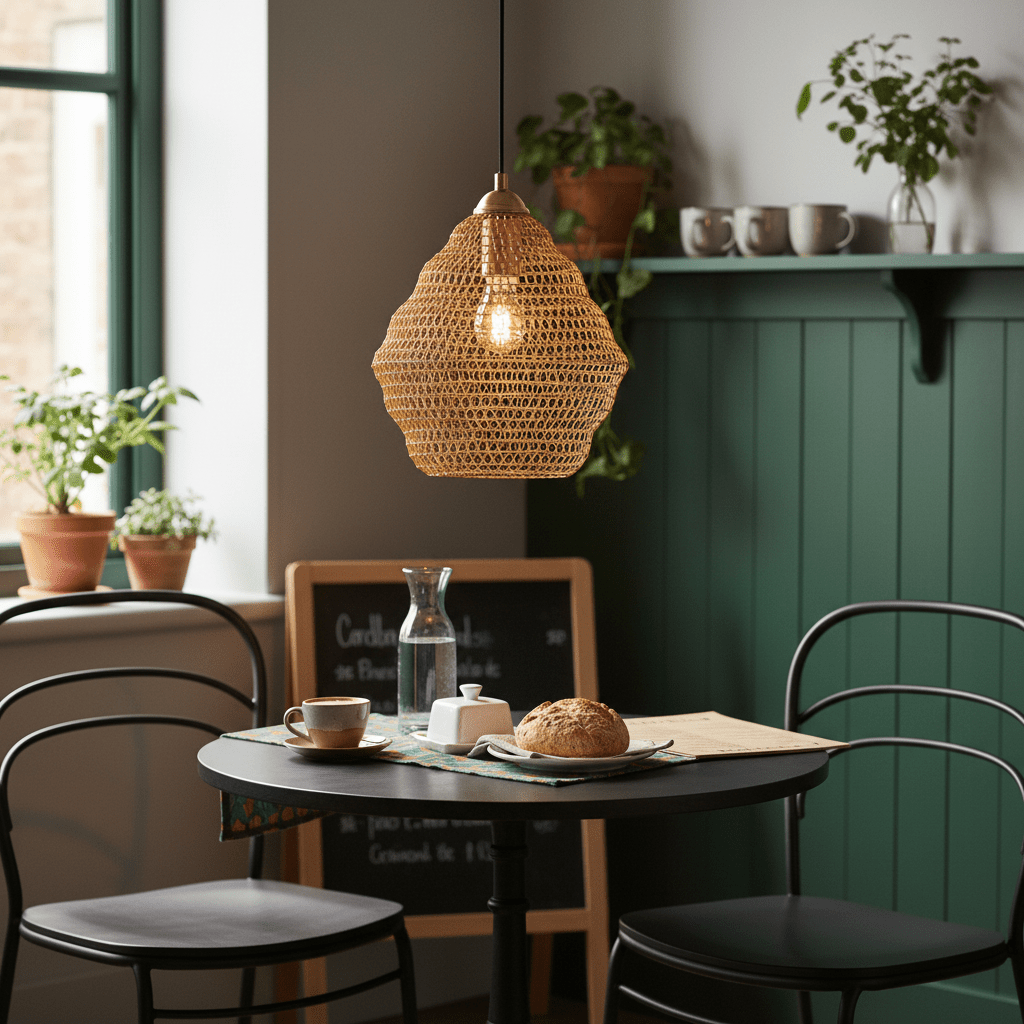 Gold mesh pendant light hanging above a dining table set with coffee and bread, surrounded by plants.