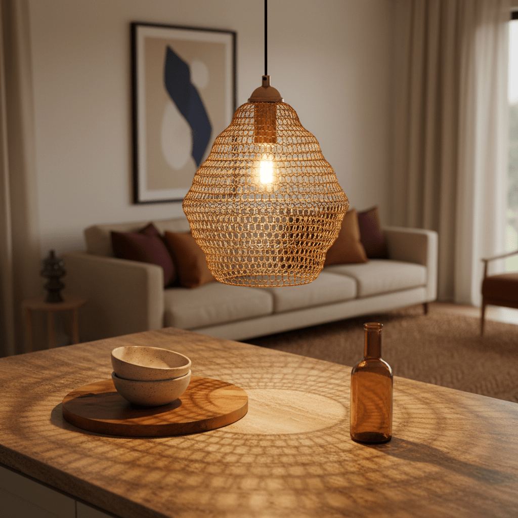 Gold mesh pendant light casting soft shadows over a wooden table with bowls and a bottle, in a cozy living space.
