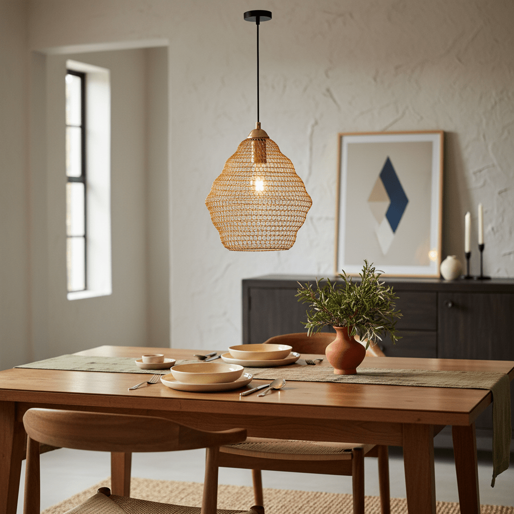 Gold mesh pendant light hanging above a wooden dining table set with plates and cutlery.