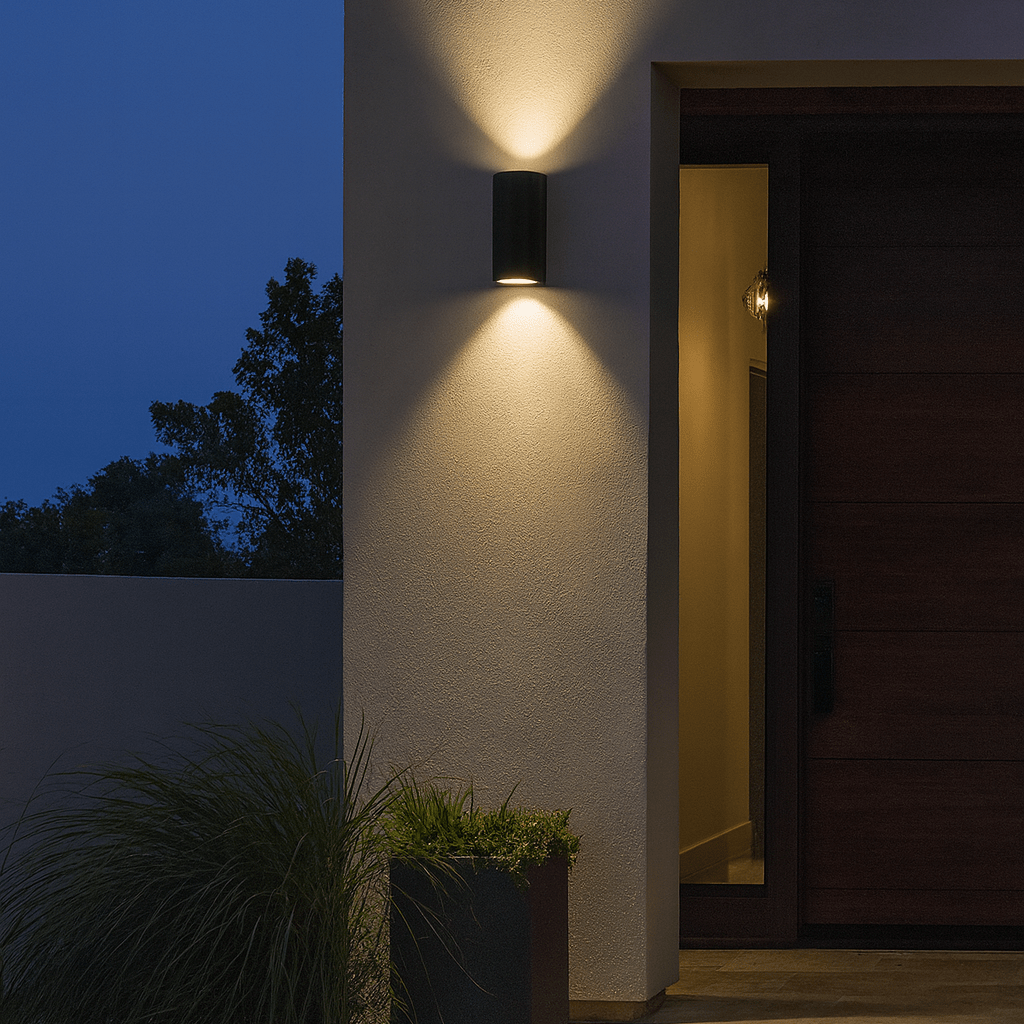 Outdoor wall light fixture on a building exterior with a dark sky background