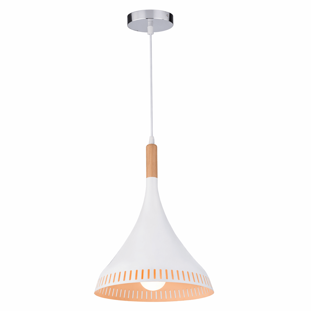 White pendant light with wooden accent on a white background