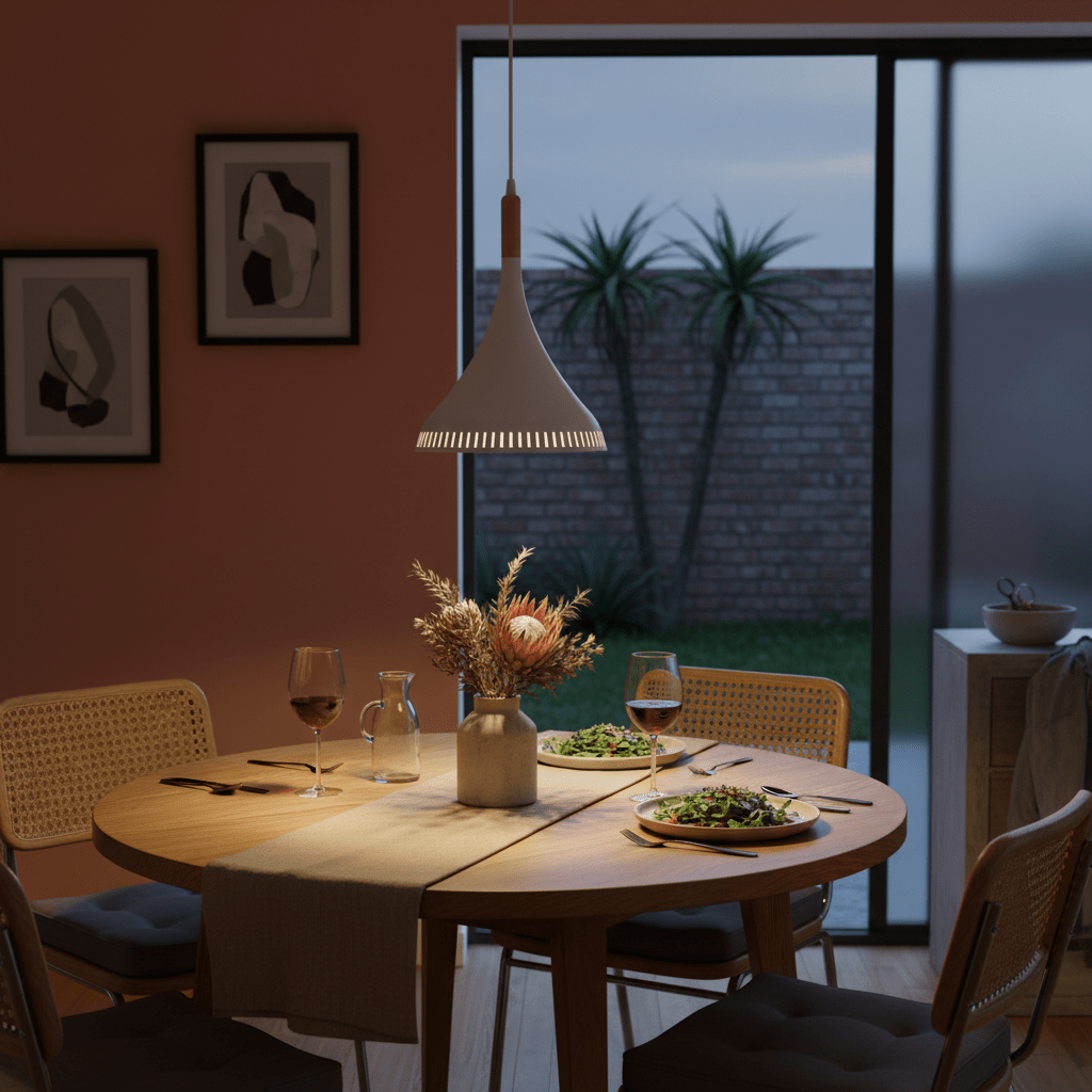 Scandinavian LED pendant light illuminating a dining table set with food and drinks, featuring a warm ambiance.