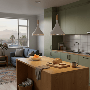 Scandinavian-style LED pendant lights above a wooden kitchen island with fruit and bread.