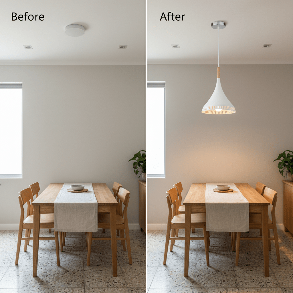 Before and after comparison of a dining area with a pendant light installation, showcasing warm illumination.