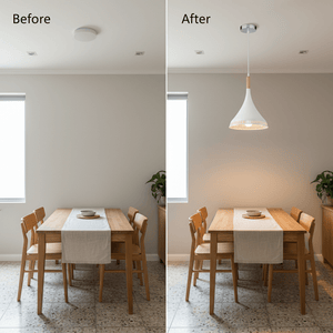 Before and after comparison of a dining area with a pendant light installation, showcasing warm illumination.
