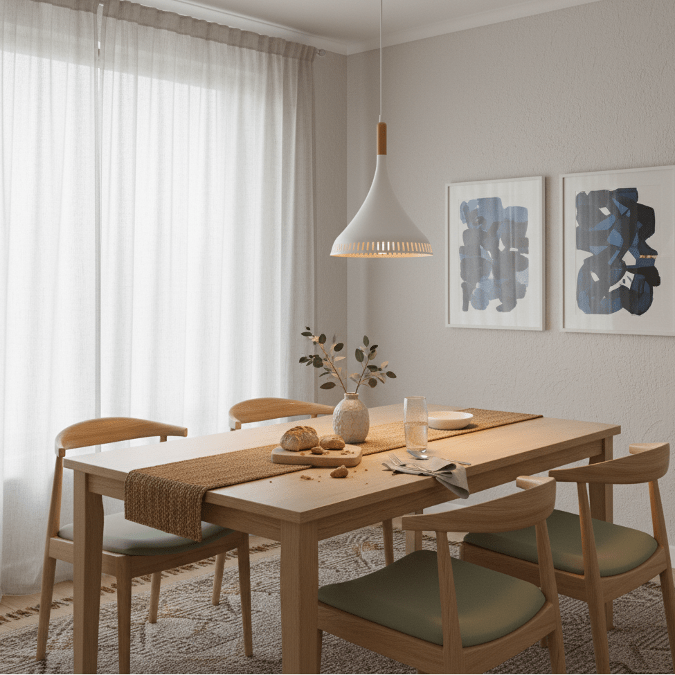 Scandinavian-style LED pendant light hanging above a wooden dining table set with a vase and snacks.
