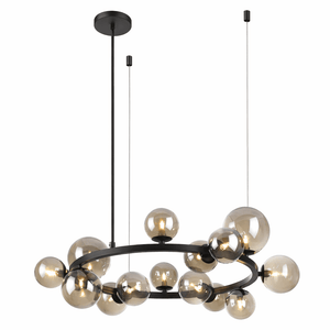 Modern chandelier with multiple round glass shades on a white background