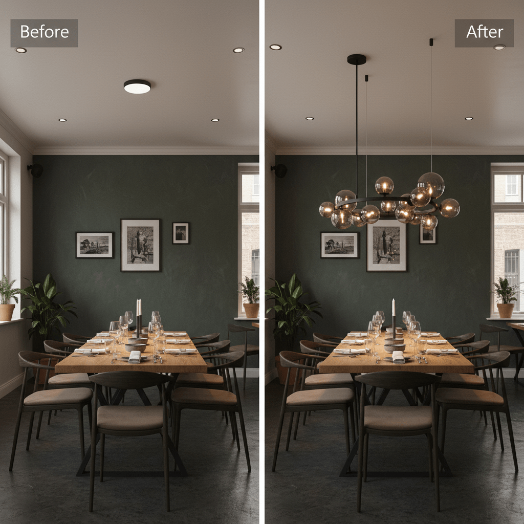 Before and after comparison of a dining area featuring a Nebula Metal Pendant with smoke glass, enhancing the space.