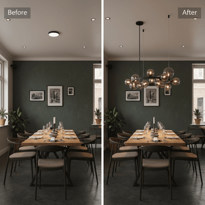 Before and after comparison of a dining area featuring a Nebula Metal Pendant with smoke glass, enhancing the space.