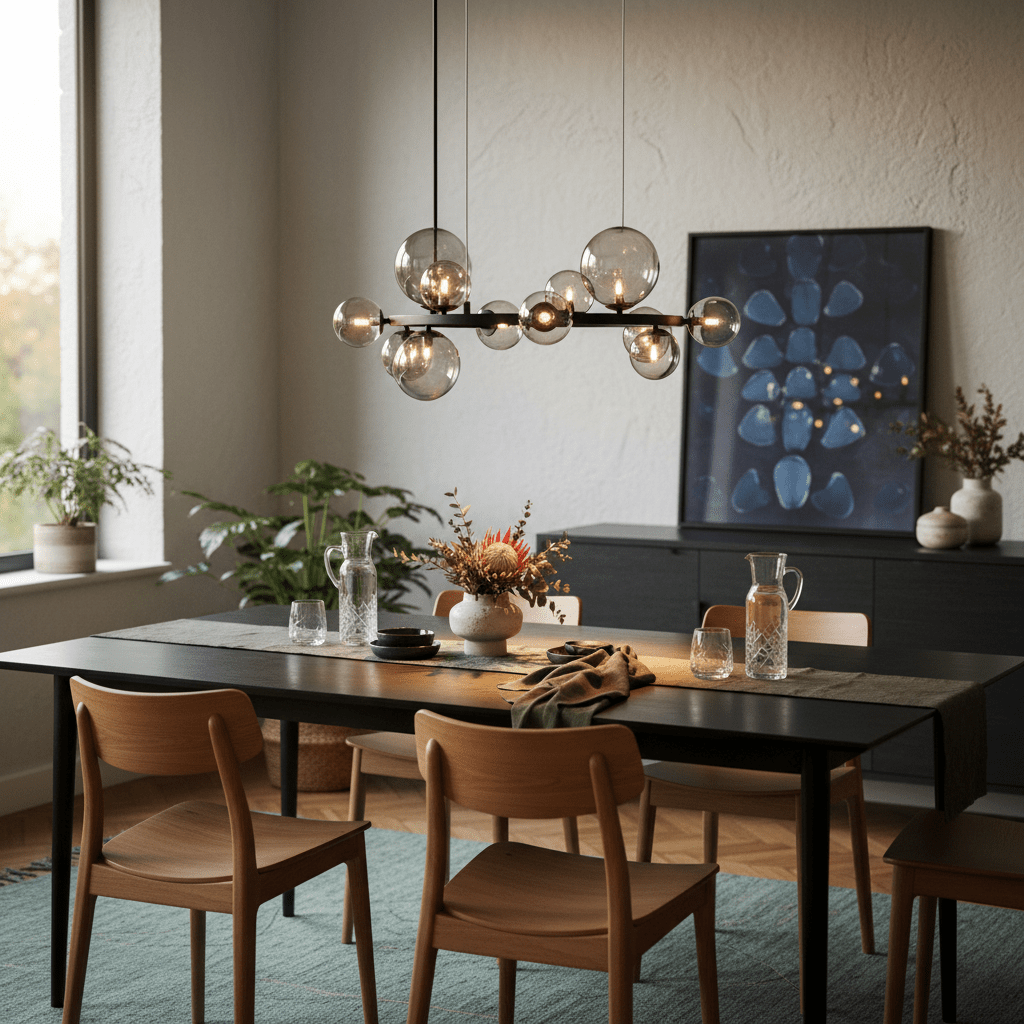 Stylish dining area featuring a Nebula Metal Pendant with smoke glass above a modern table set.