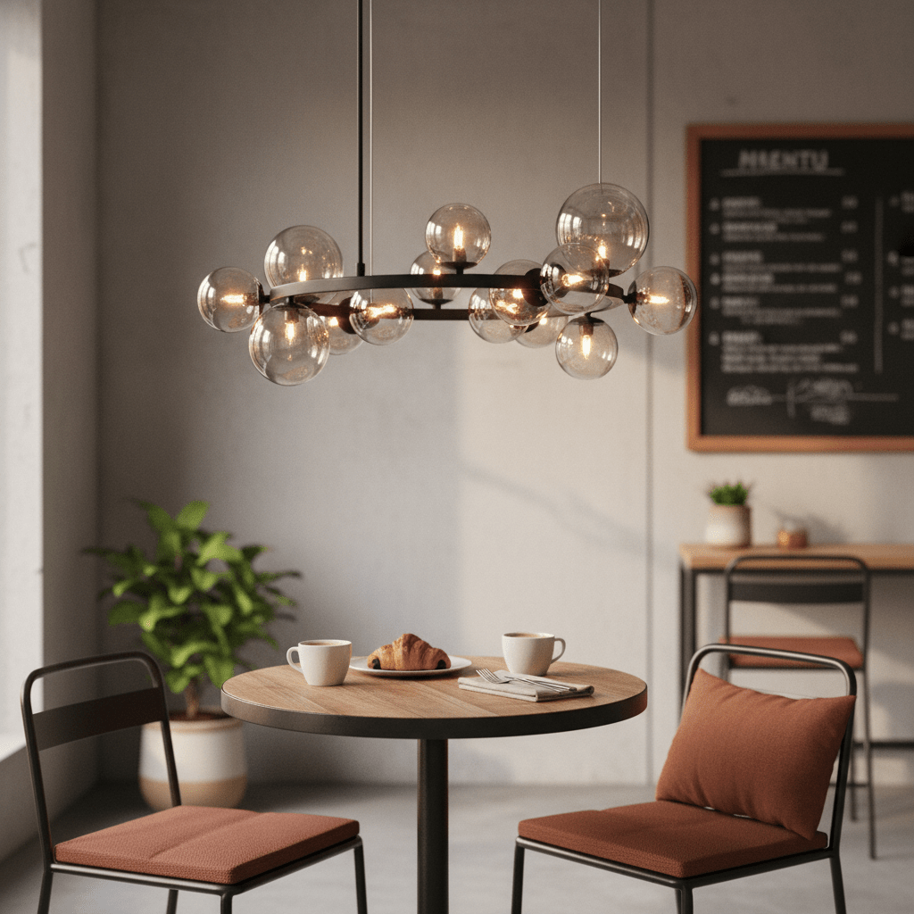 Lifestyle image of a modern pendant light above a dining table with coffee cups and a croissant.